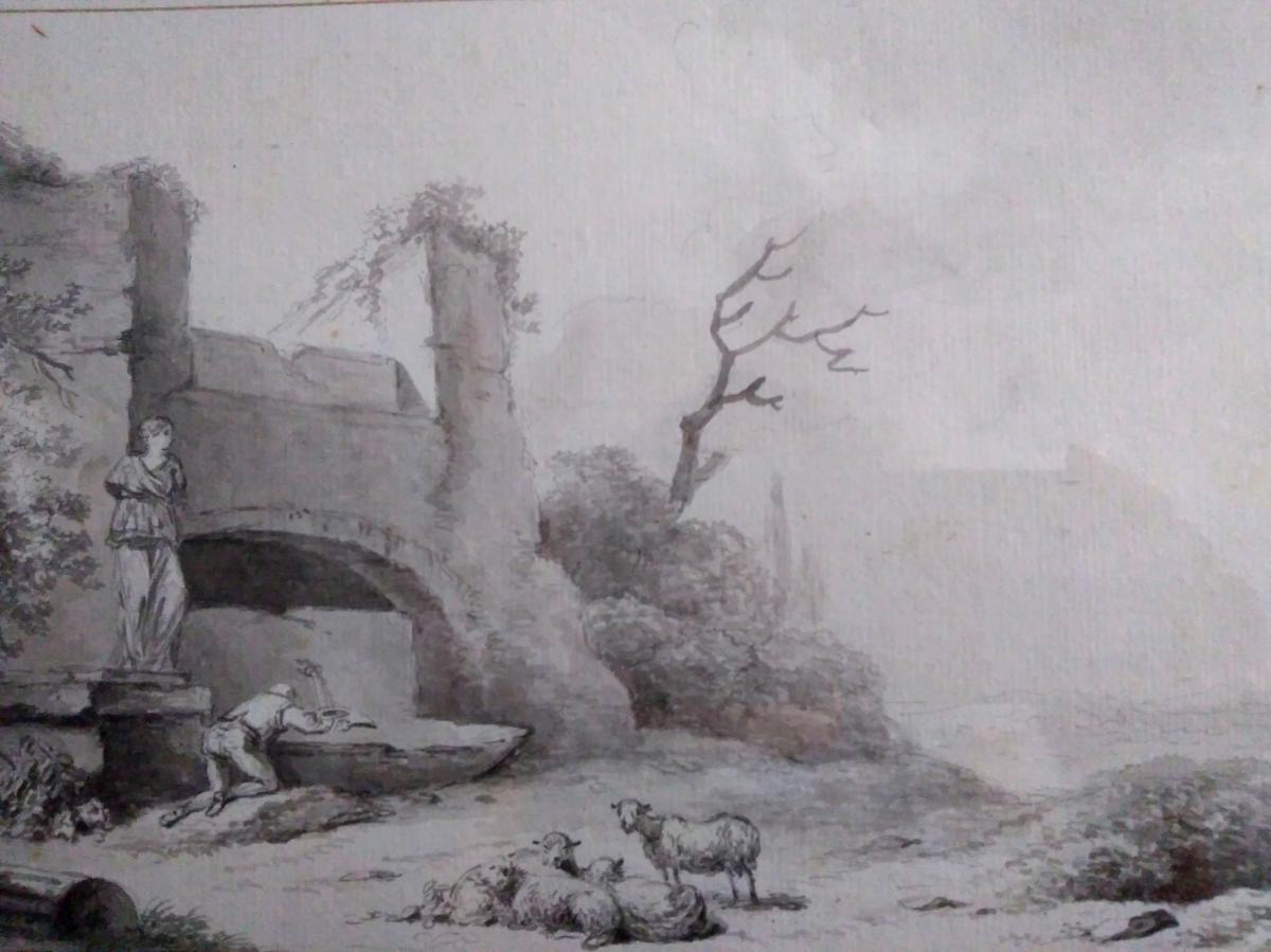 Eschard, Charles, 1748-1810. Lavis. Paysage aux moutons-photo-2
