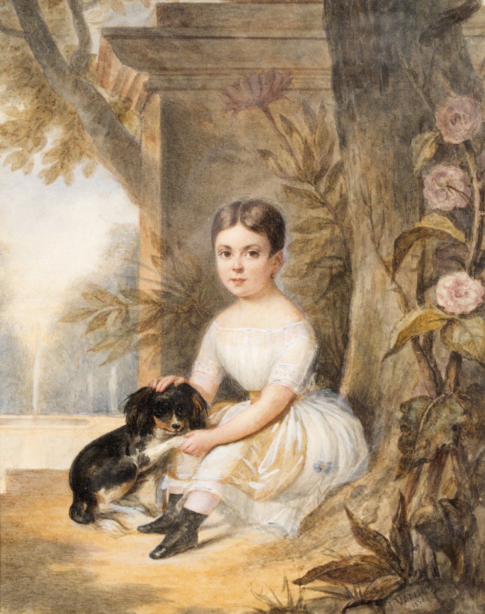 Portrait de fille et son chien. Signé "J. Vernet" daté 1838-photo-4