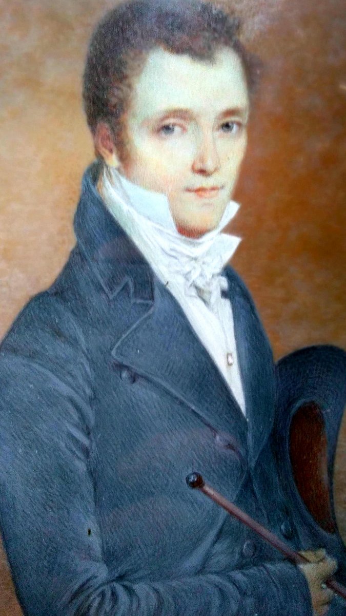 Miniature ècole Française XIXème. Portrait De Jeune élégant à La Canne-photo-1