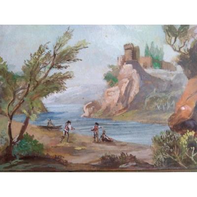 Paire Gouaches. Ecole Française XIX. Paysages Lacustres.  