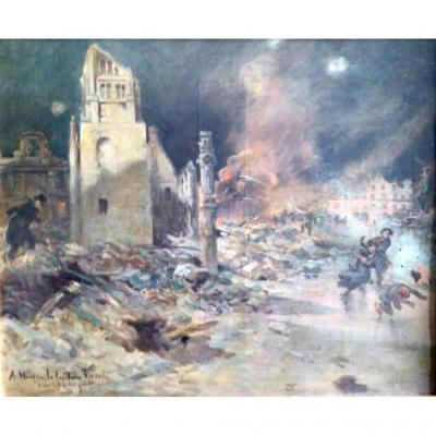 Huile Sur Toile. Ecole Française Du XIX Siécle. Raoul Arus (1848-1921) Incendie d'église 