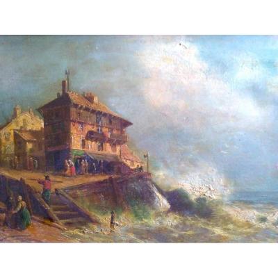 HUILE SUR PANNEAU. KAUSER (actif XIX.xx Siécle) "Maisons En Bord De Mer"