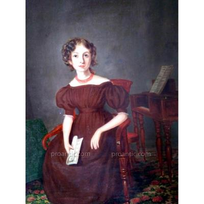 Portrait Jeune Musicienne Au Clavencin Vers 1830. Huile Sur Panneau