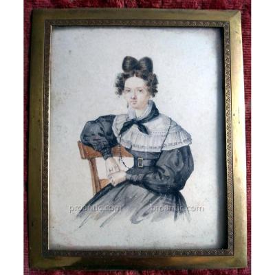 Petit Aquarelle Signèe "Vallet 1830". Femme Assise