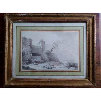 Eschard, Charles, 1748-1810. Lavis. Paysage aux moutons