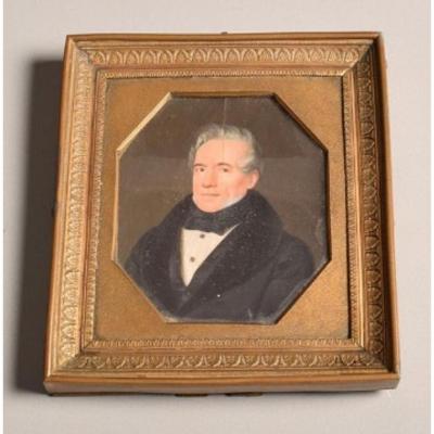 Portrait Miniature d'Homme Aux Cheveux Gris Vers 1840