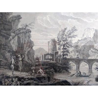 Ecole Française Du XIX ème. "paysage Animé". Lavis