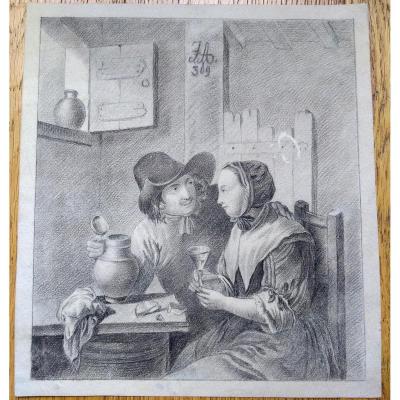 Dessin Ancien XIXème."couple". Monogramé. Mine A Plomb