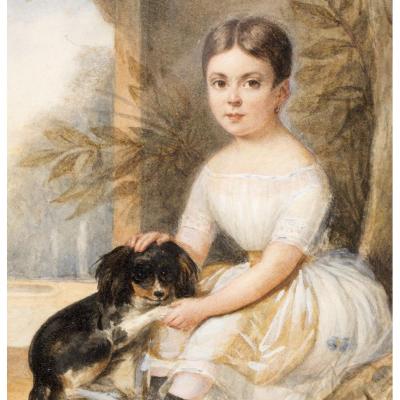 Portrait de fille et son chien. Signé "J. Vernet" daté 1838