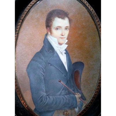 Miniature ècole Française XIXème. Portrait De Jeune élégant à La Canne