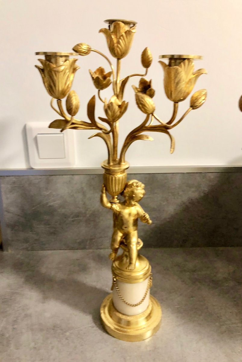 PAIRE DE CANDÉLABRES  AUX  AMOURS EN BRONZE DORÉ-photo-2