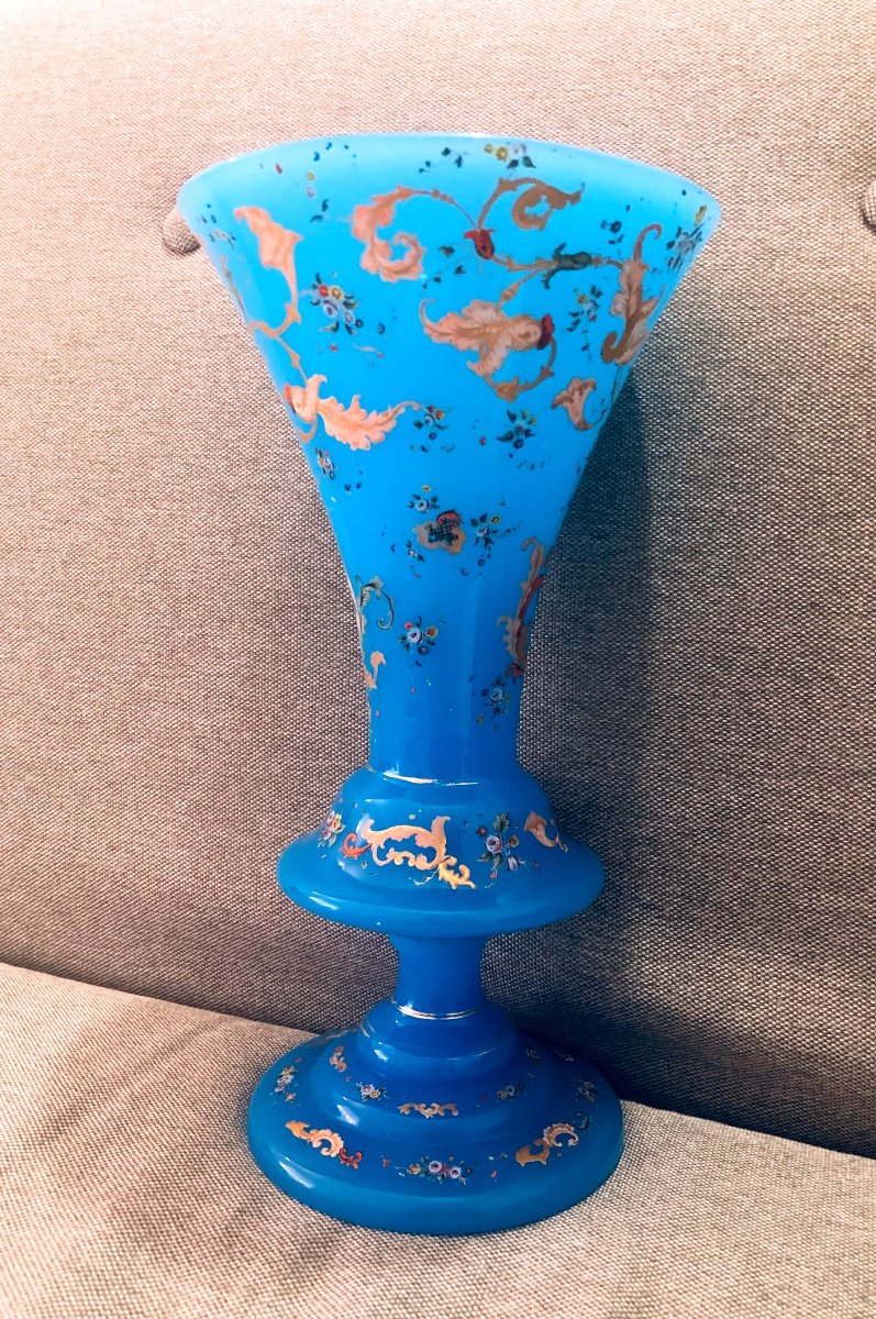 Enameled Blue Opaline Vase