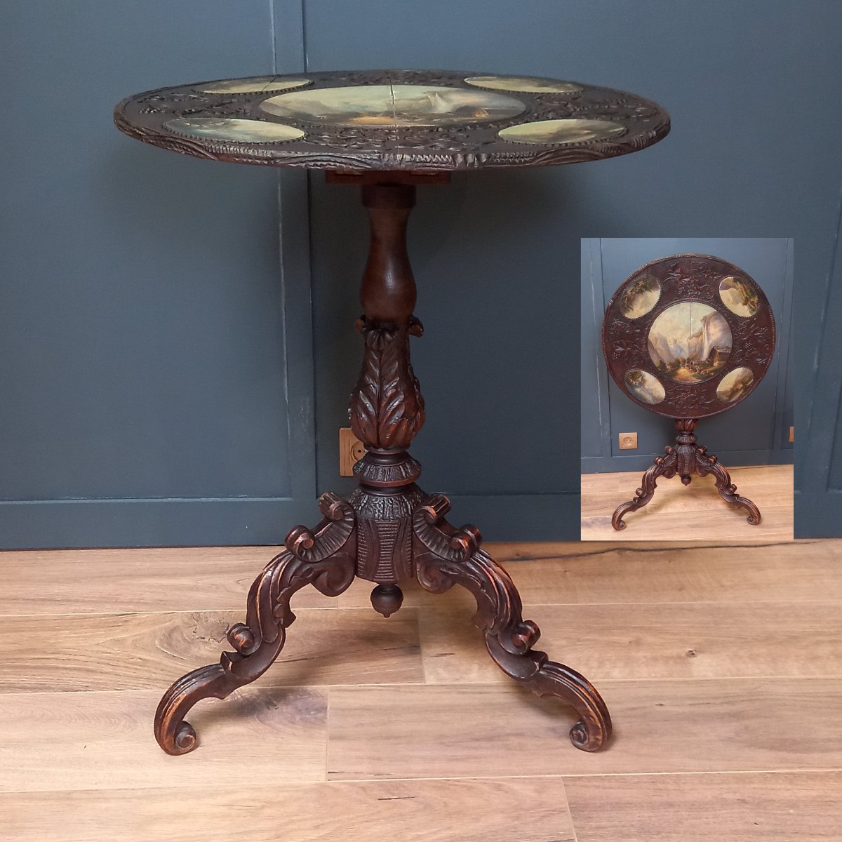 Table italienne à plateau inclinable du XIXe siècle ornée de 5 tableaux différents