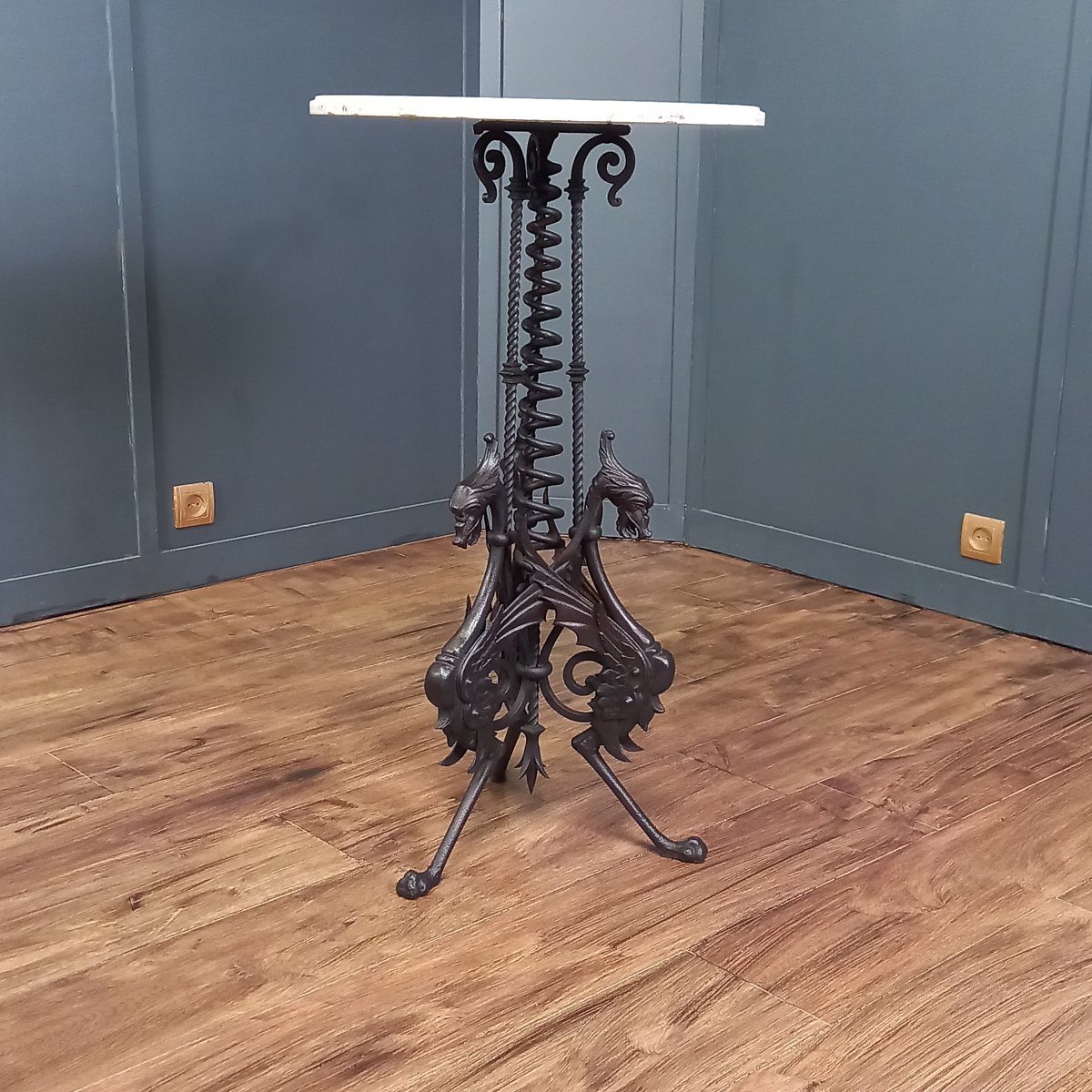 A Unique 19th-century Table Made Of Italian Marble With A Hand-forged Base.