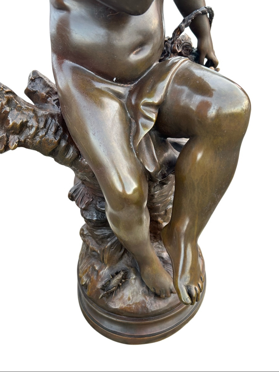 20 ieme siécle bronze sig Aug Moreau fille au  criquet et panier des fleuri-photo-1
