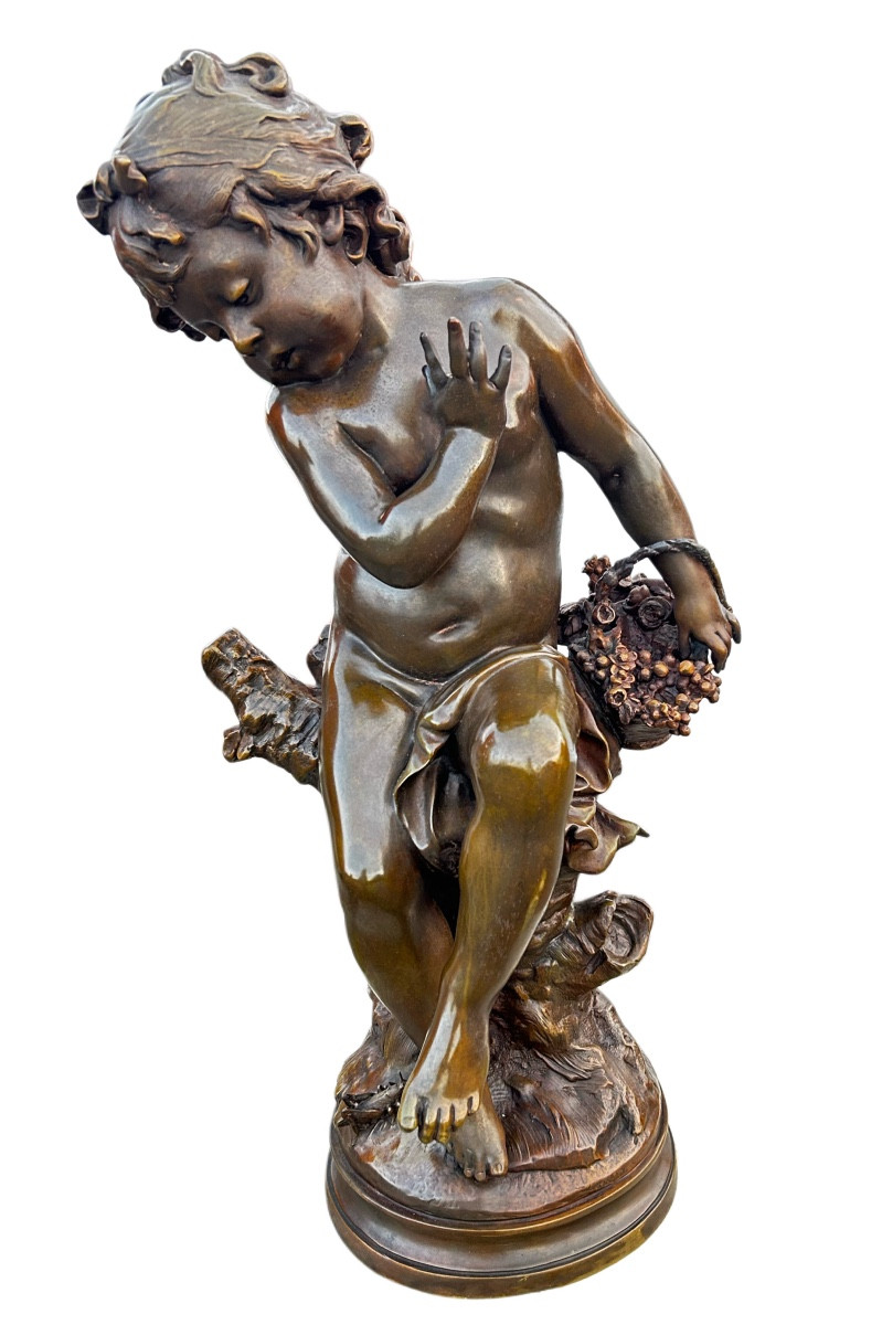 20 ieme siécle bronze sig Aug Moreau fille au  criquet et panier des fleuri