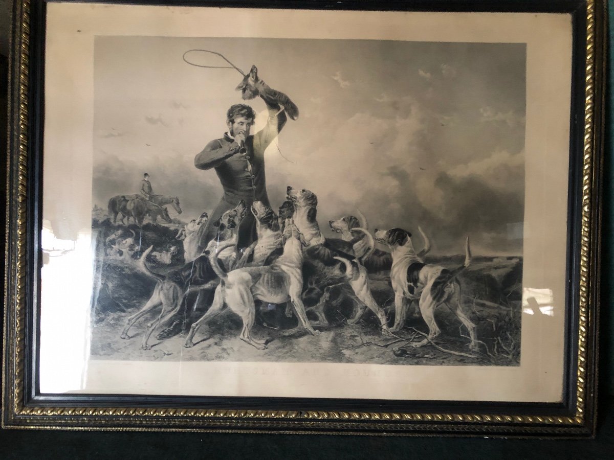 Gravure La Chasse huntsman and hounds