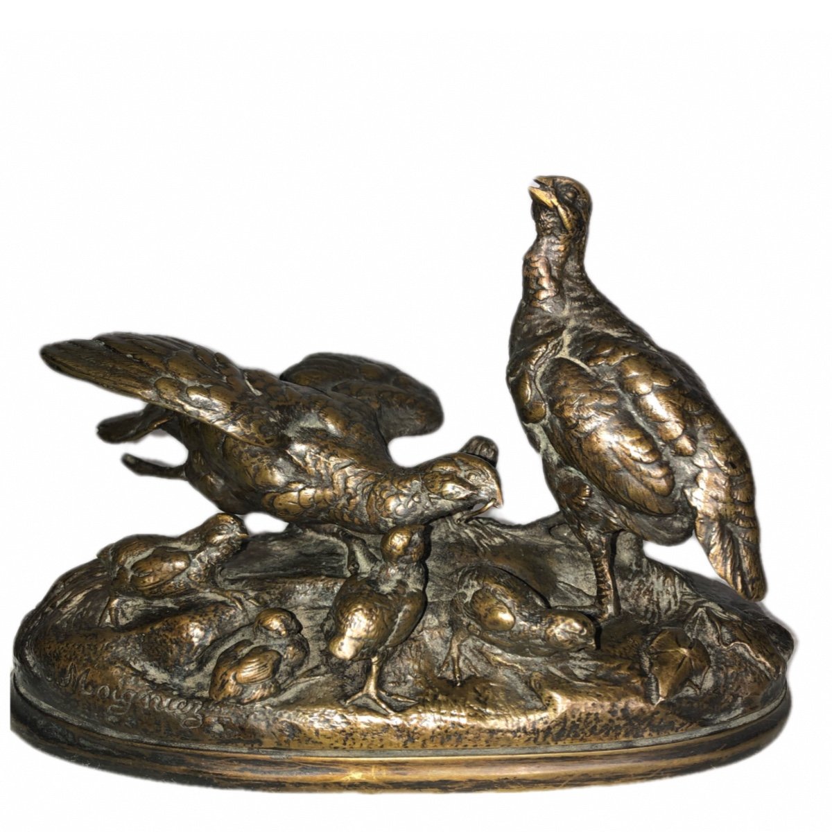 19th Century A Bronzeles Partridges And Its Small Sig Moigniez