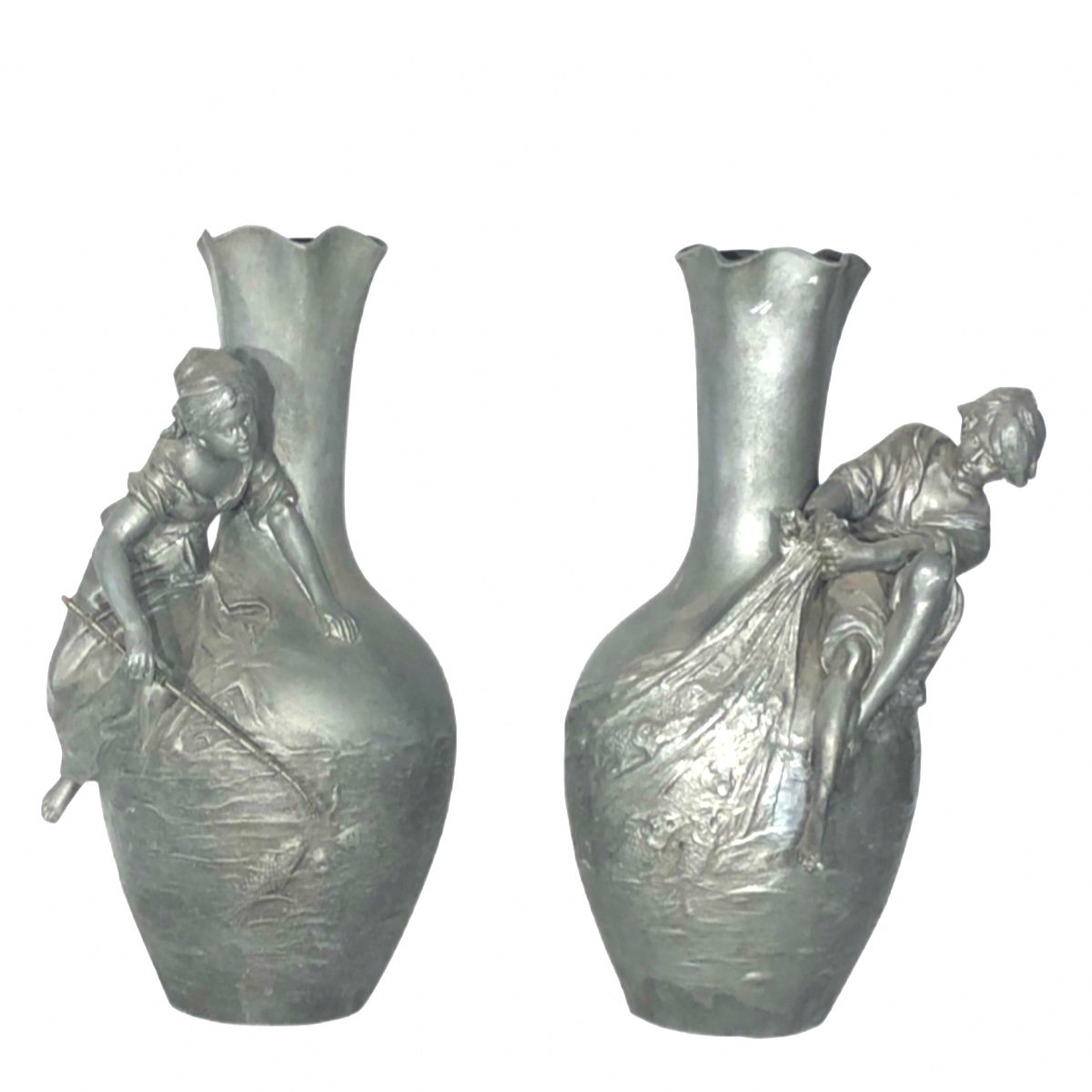 Paire De Vases En Régule  Argenté De Louis-auguste Moreau