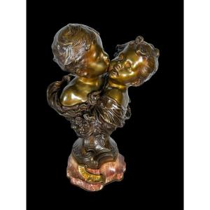 A Bronze From 19th Century The Fraternal Kiss Bust Sig Aug Moreau 