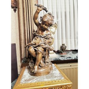 Louis Auguste Moreau Sculpture française en bronze patiné d'une fille avec une poupée par Augus