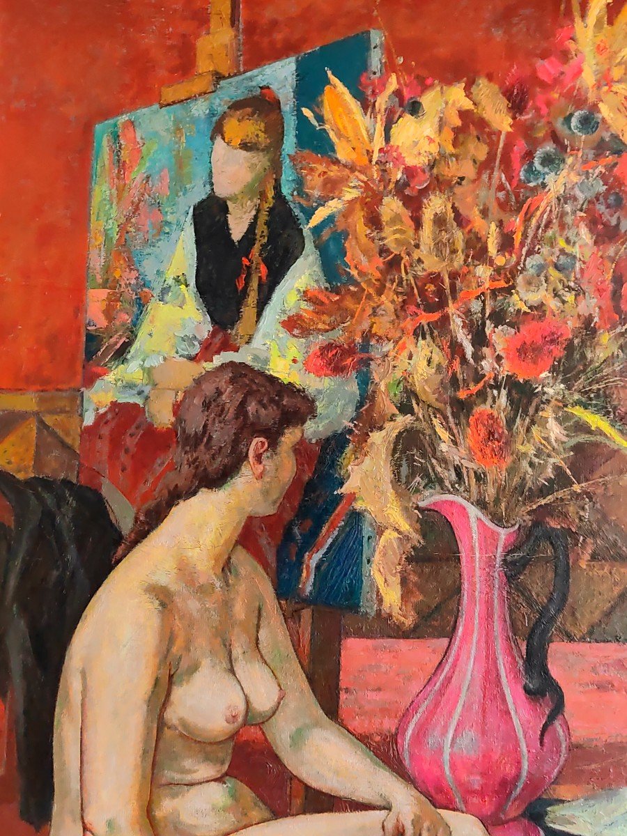 Portrait Painting With Bouquet By Georges Delplanque 1963 And Vase: Rare Set And Curiosity!-photo-6