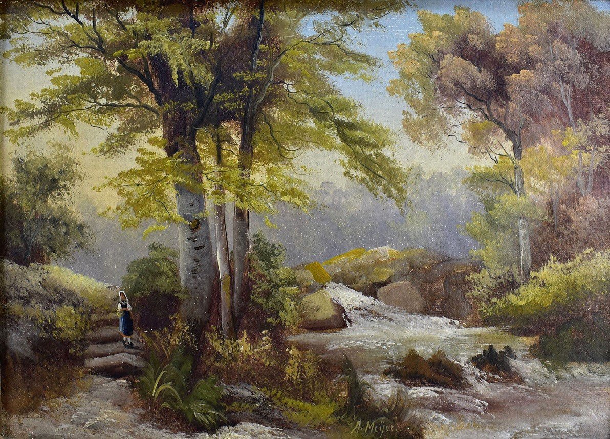 Paysage Huile Sur Toile. Le Matin Par A.Meijer. Fin XIXème-photo-4