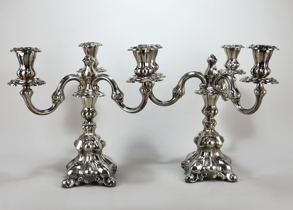 Pair Of Torches In Silvered Bronze. Early 20th-photo-2