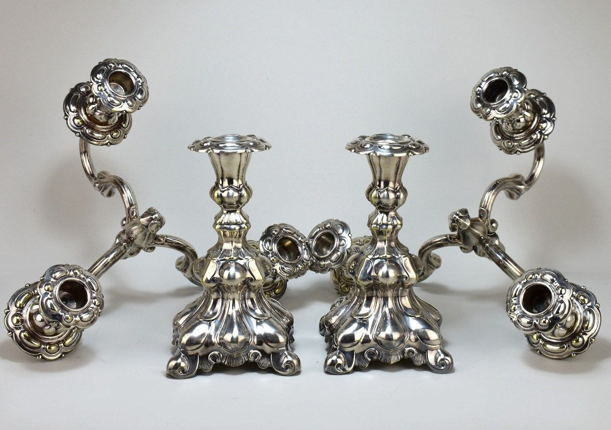 Pair Of Torches In Silvered Bronze. Early 20th-photo-1