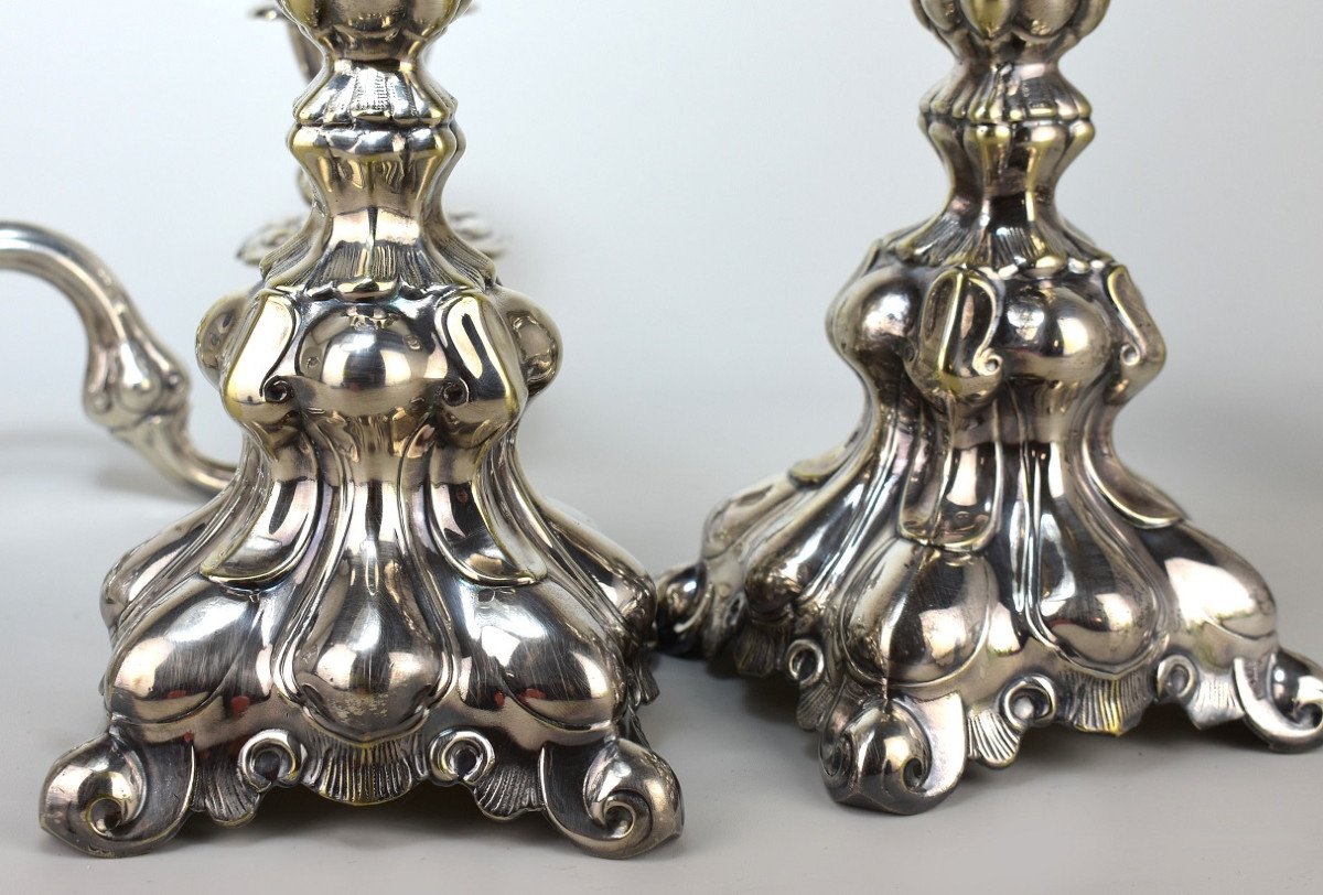 Pair Of Torches In Silvered Bronze. Early 20th-photo-2