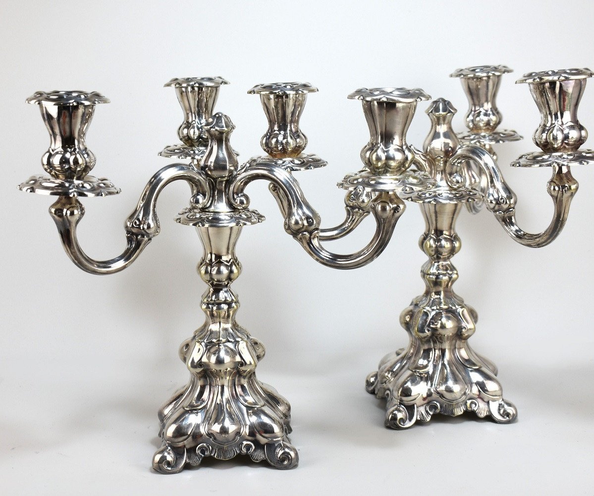 Pair Of Torches In Silvered Bronze. Early 20th