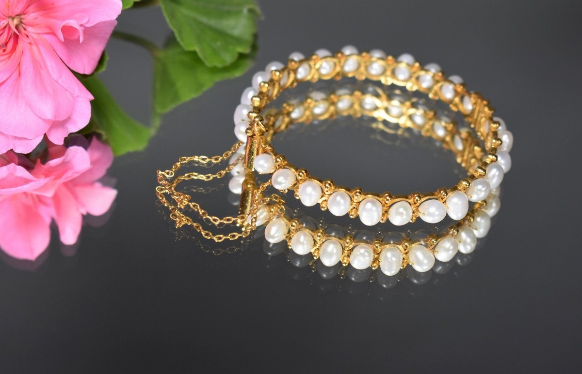 Bracelet Rigide Vintage En Or Et Perles-photo-2