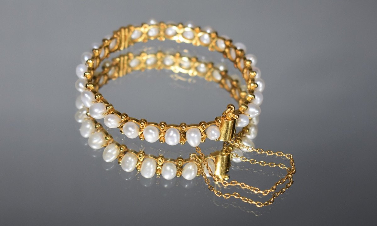 Bracelet Rigide Vintage En Or Et Perles-photo-3