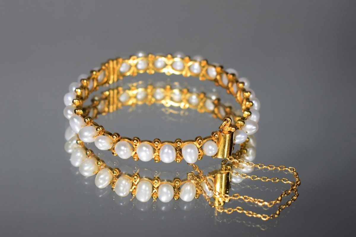 Bracelet Rigide Vintage En Or Et Perles-photo-4