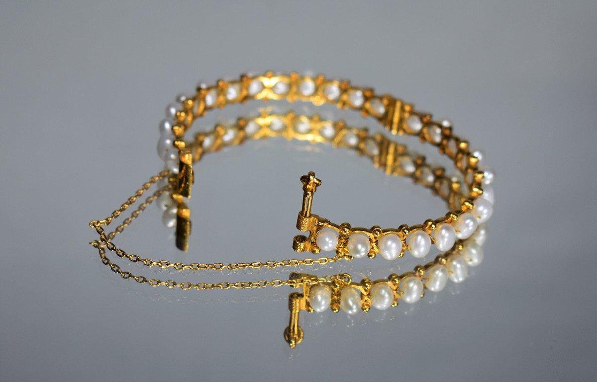 Bracelet Rigide Vintage En Or Et Perles-photo-3