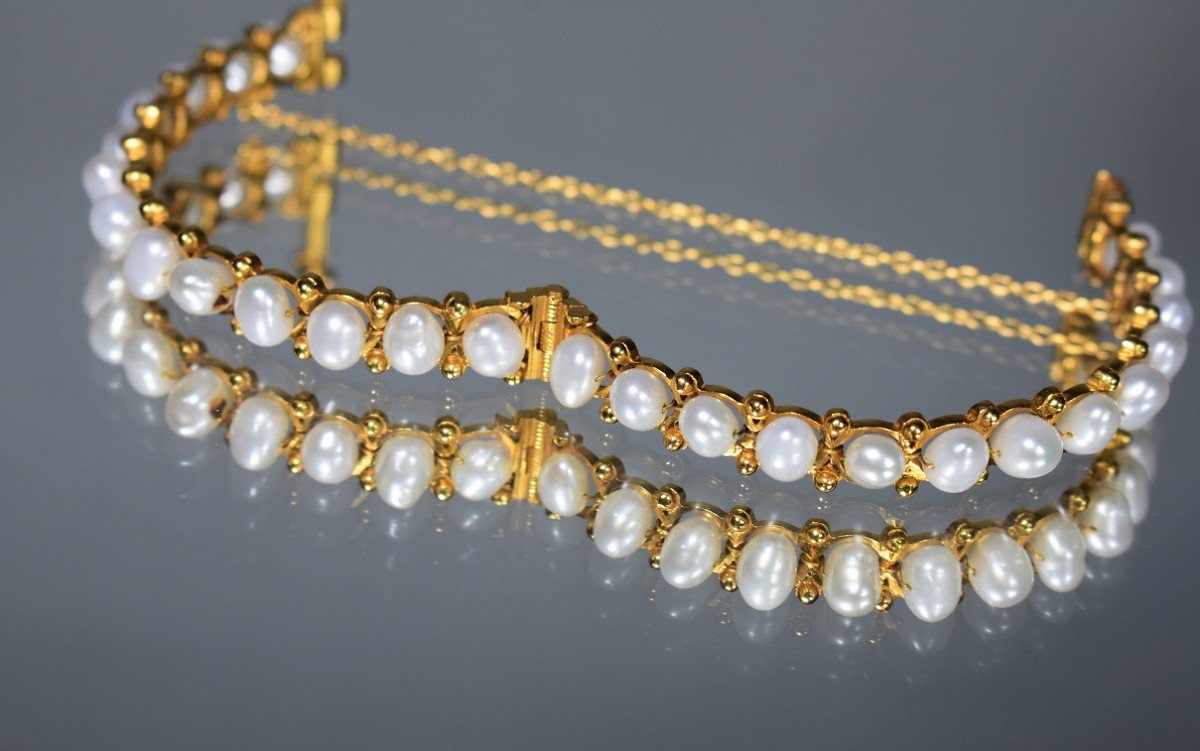 Bracelet Rigide Vintage En Or Et Perles-photo-4