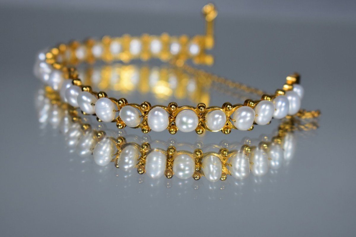 Bracelet Rigide Vintage En Or Et Perles-photo-6