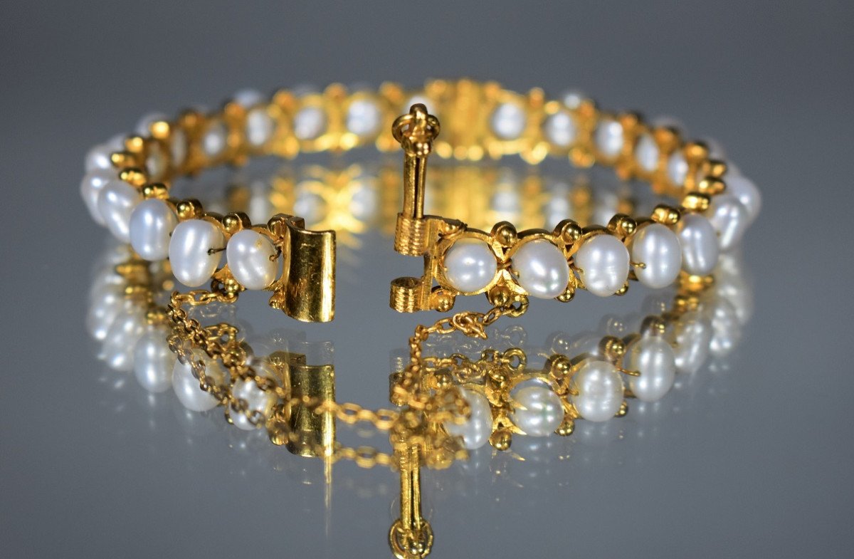 Bracelet Rigide Vintage En Or Et Perles-photo-7