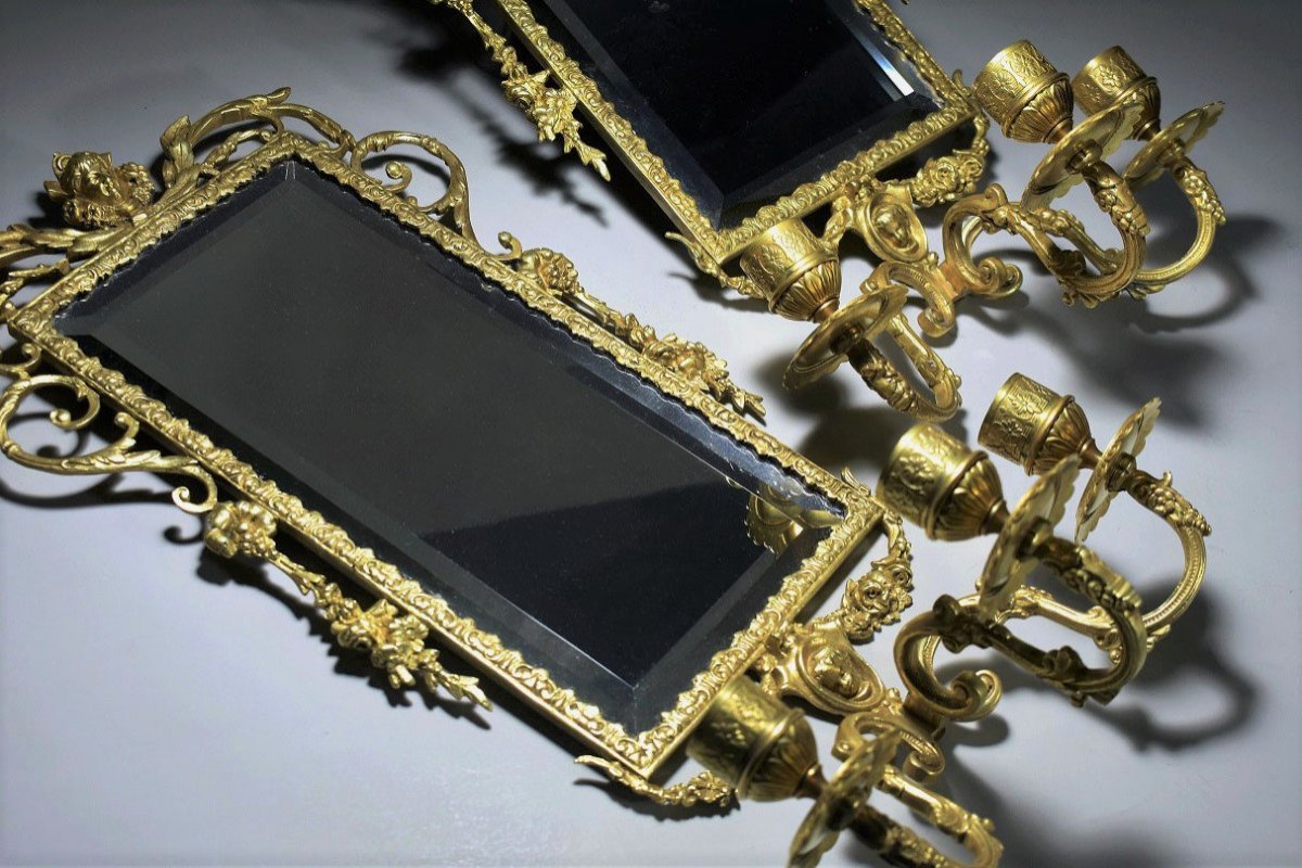 Paire D’applique En Bronze Doré Avec Miroir-photo-2
