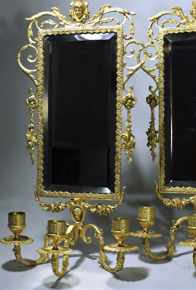 Paire D’applique En Bronze Doré Avec Miroir-photo-3