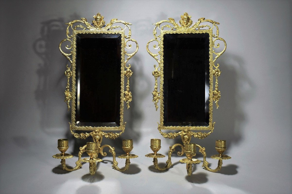 Paire D’applique En Bronze Doré Avec Miroir-photo-4