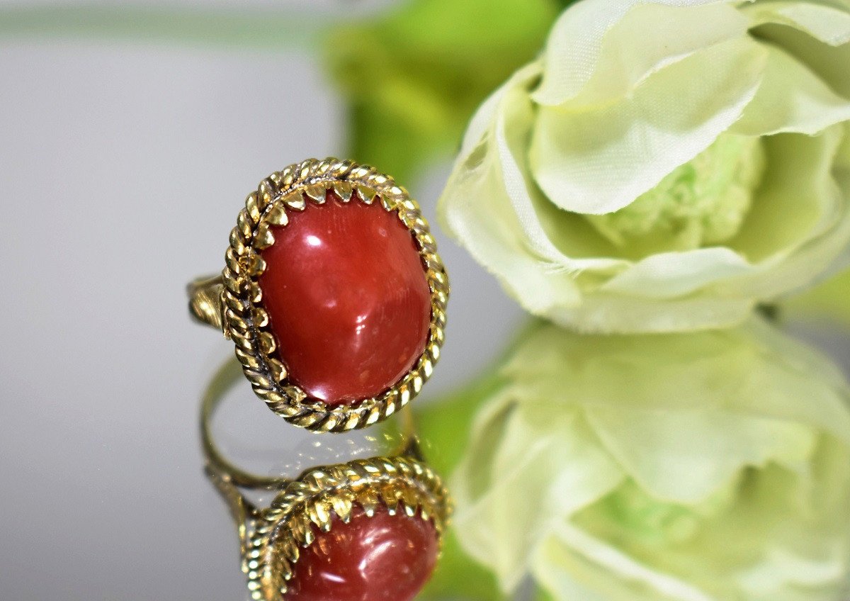 Bague En Argent Doré Et Corail