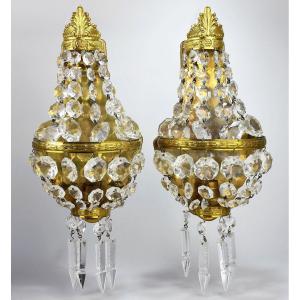 Pair Of Golden Brass And Crystal Sconces