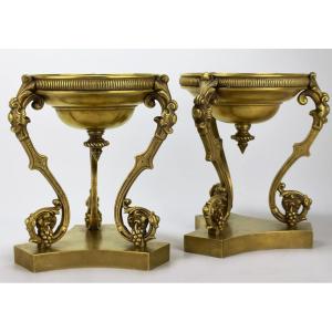 Pair Of Bronze Tripod Cups. 19th Century