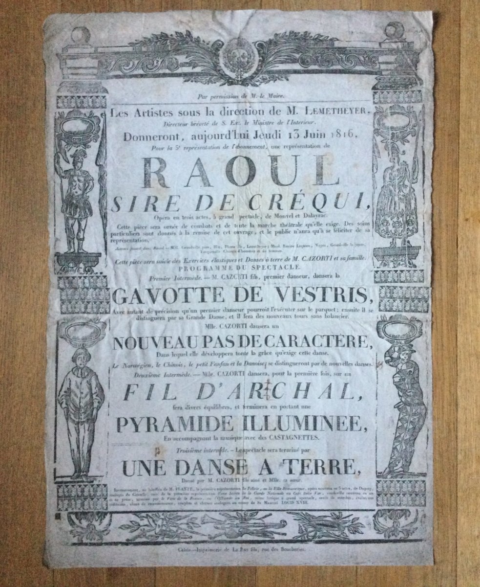 Affiche De Théâtre, Calais, 1816.