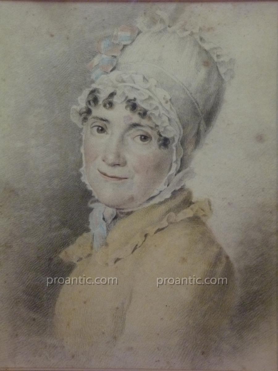 Dessin, Portrait De Femme Au Bonnet Et Ruban Bleu Blanc Rouge, Début Du XIXème Siècle.-photo-2