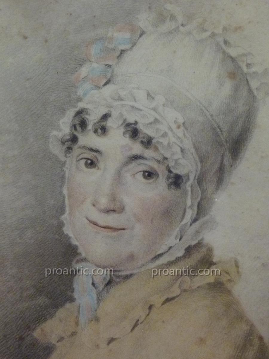 Dessin, Portrait De Femme Au Bonnet Et Ruban Bleu Blanc Rouge, Début Du XIXème Siècle.-photo-3