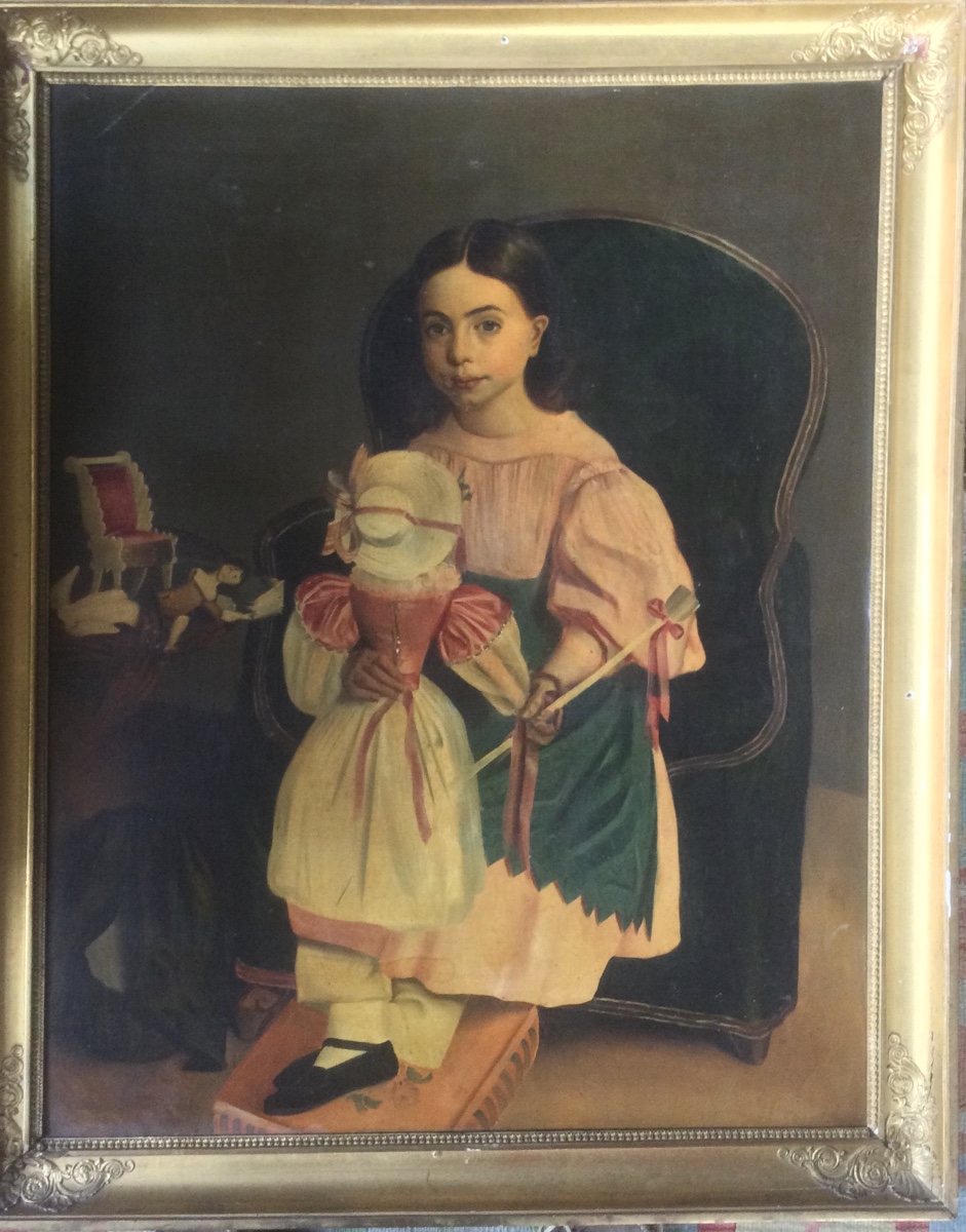 Portrait de petite fille avec ses poupées, huile sur toile, vers 1840