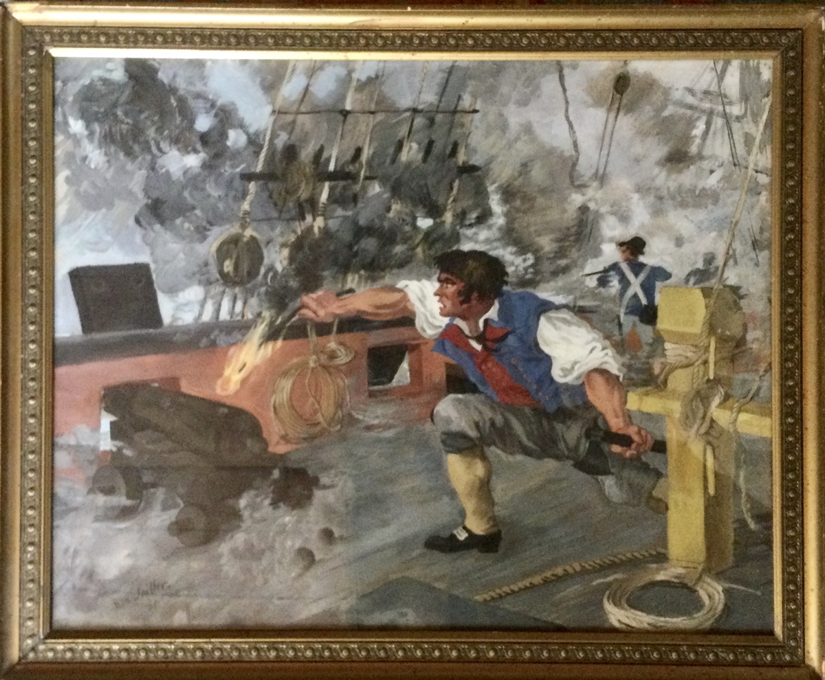 Surcouf au Combat, gouache, Marine, Signée  Dan Lallier, 1954.