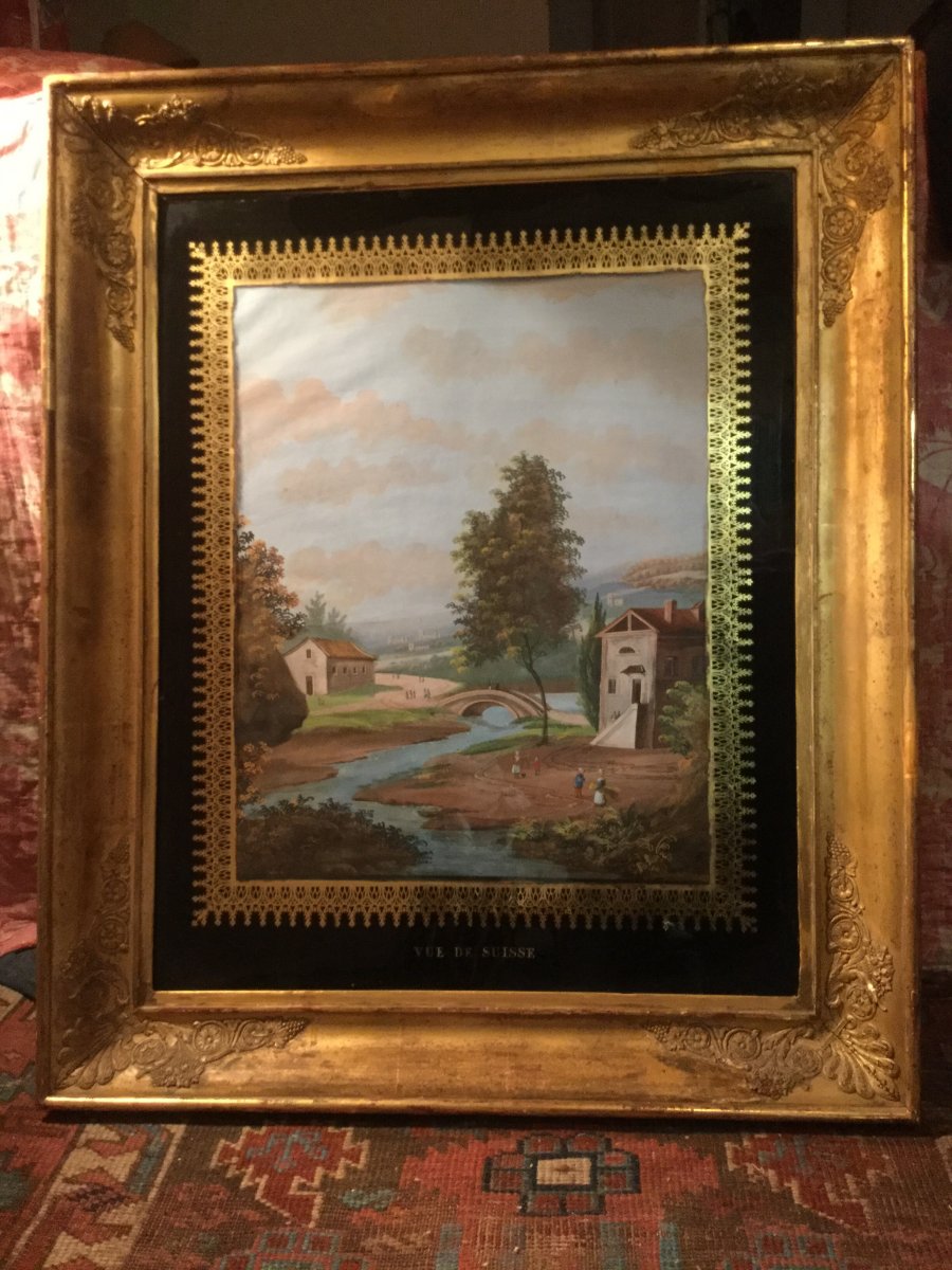 Tableau Original "Vue De Menton" - Gouache Signée Style Art Déco - Paysage Vintage